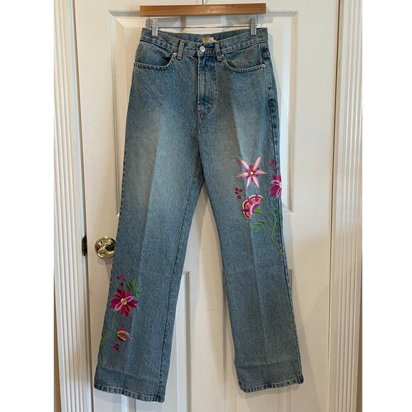 Sloane St Denim - Sloane St. Embroidered Floral Jeans Light Wash Denim Straight Leg Retro Y2K Boho